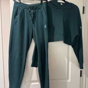 ALO Yoga Teal Ribbed Hoodie and Joggers Set